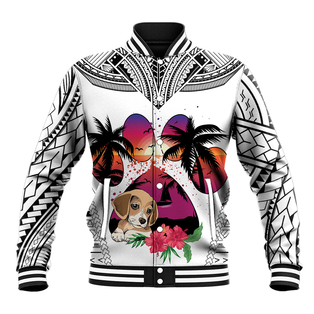 Polynesian Baseball Jacket Dog Lover With Beagle - Sunset At The Beach White Ver LT7 Unisex White - Polynesian Pride