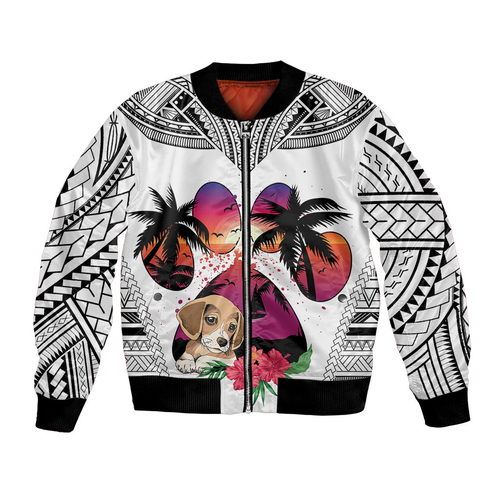 Polynesian Bomber Jacket Dog Lover With Beagle - Sunset At The Beach White Ver LT7 Unisex White - Polynesian Pride