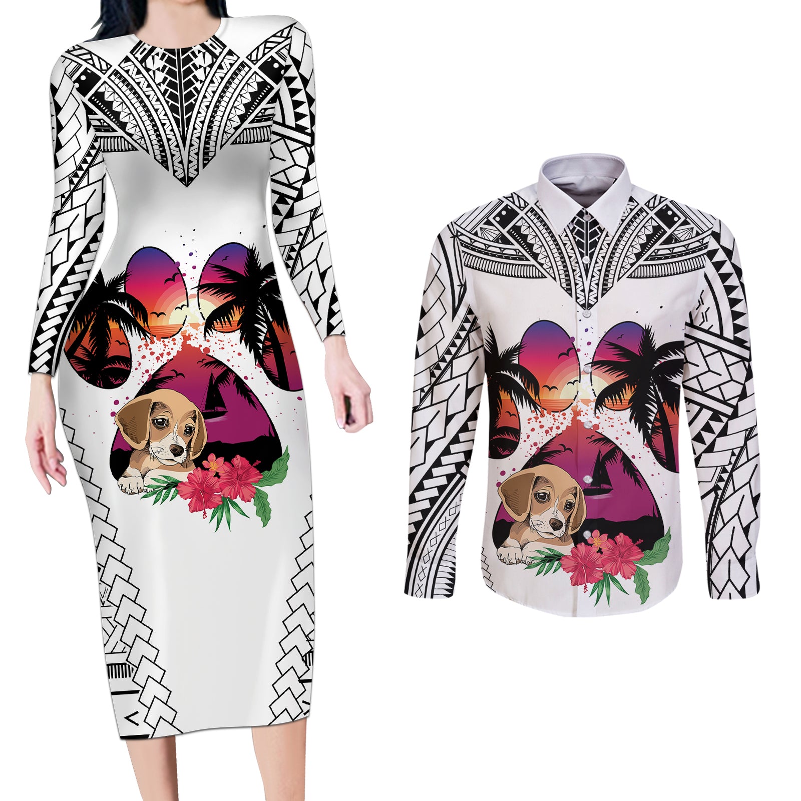 Polynesian Couples Matching Long Sleeve Bodycon Dress and Long Sleeve Button Shirts Dog Lover With Beagle - Sunset At The Beach White Ver LT7 White - Polynesian Pride