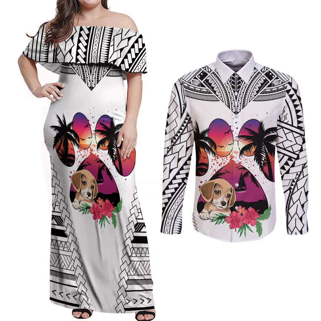 Polynesian Couples Matching Off Shoulder Maxi Dress and Long Sleeve Button Shirts Dog Lover With Beagle - Sunset At The Beach White Ver LT7 White - Polynesian Pride