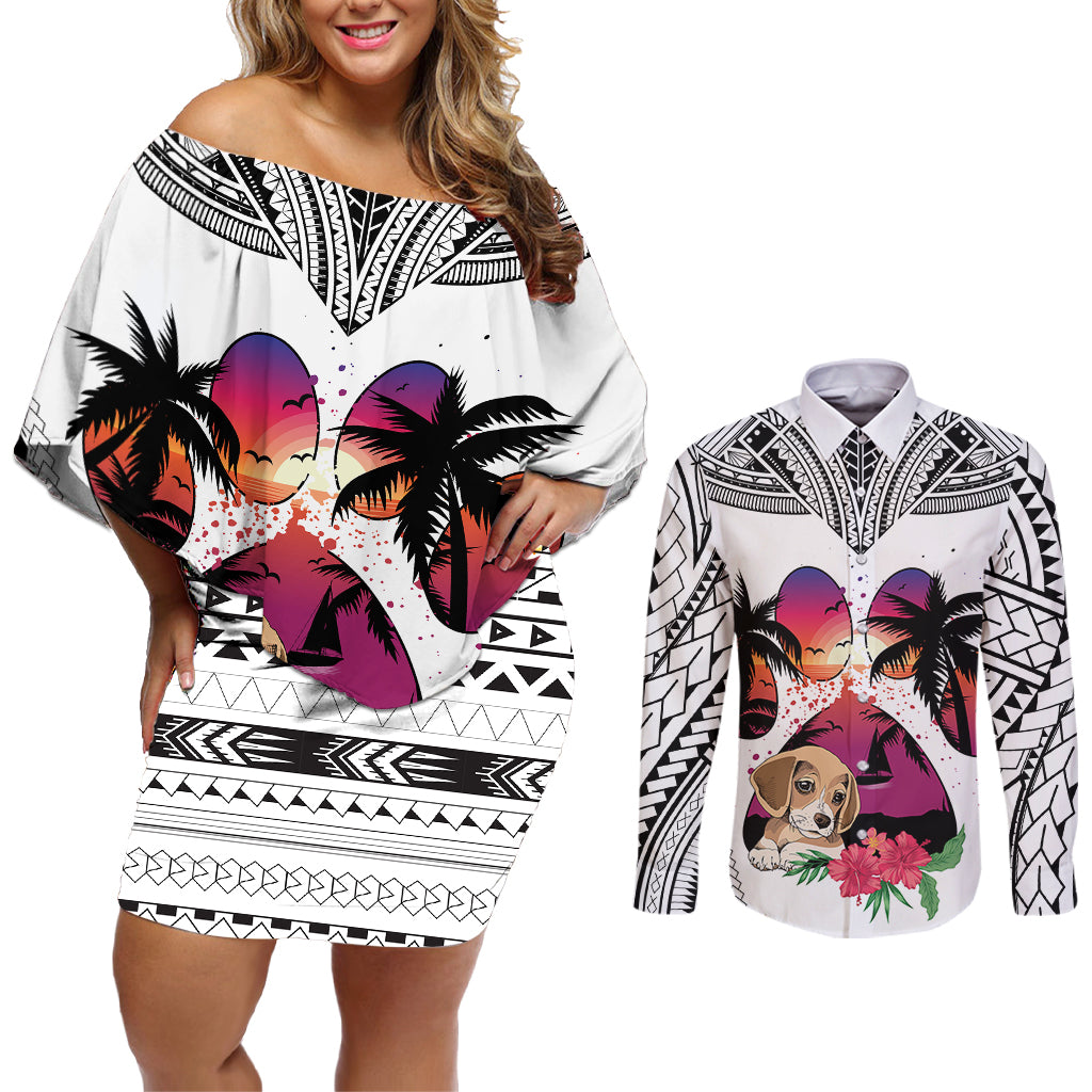 Polynesian Couples Matching Off Shoulder Short Dress and Long Sleeve Button Shirts Dog Lover With Beagle - Sunset At The Beach White Ver LT7 White - Polynesian Pride