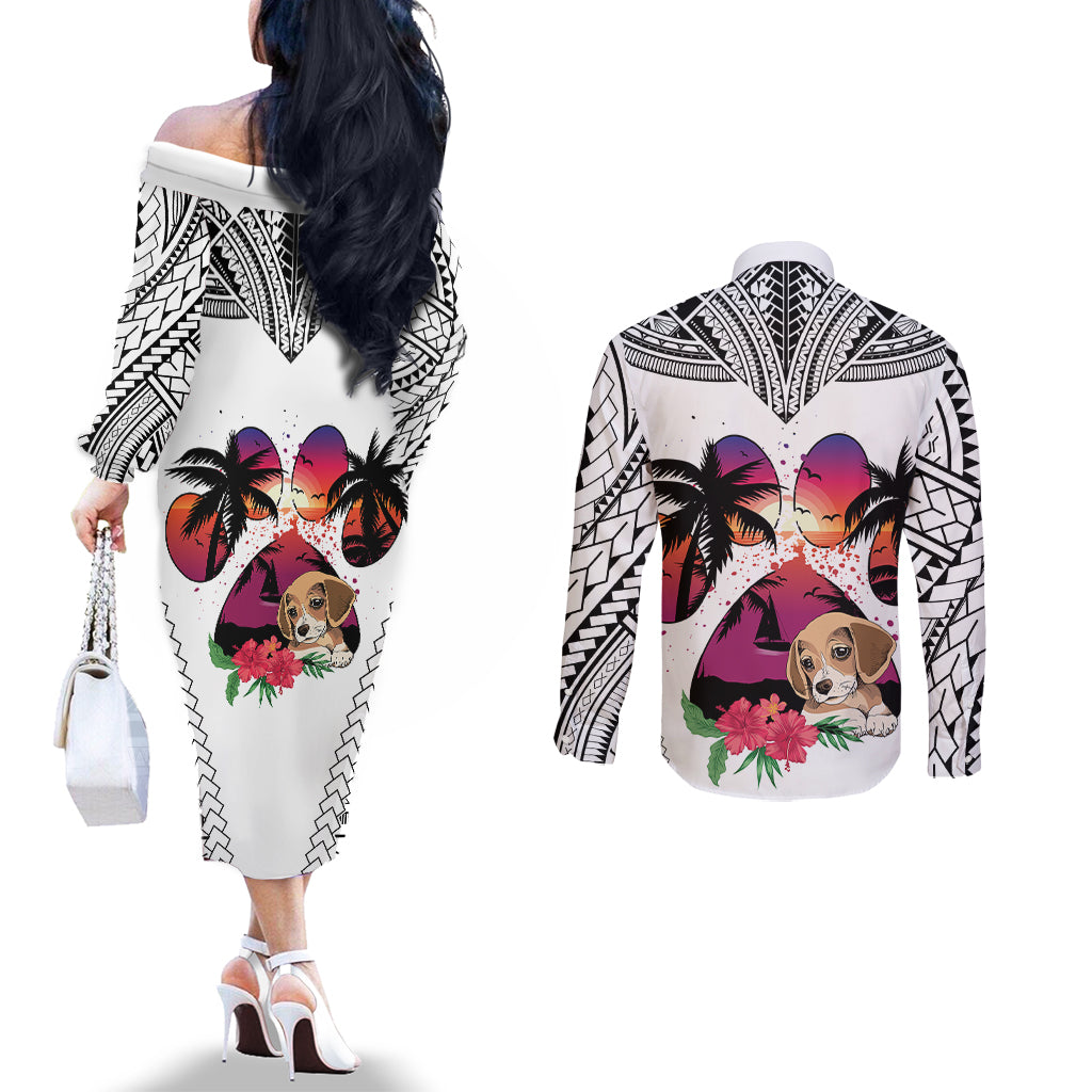 Polynesian Couples Matching Off The Shoulder Long Sleeve Dress and Long Sleeve Button Shirts Dog Lover With Beagle - Sunset At The Beach White Ver LT7 - Polynesian Pride