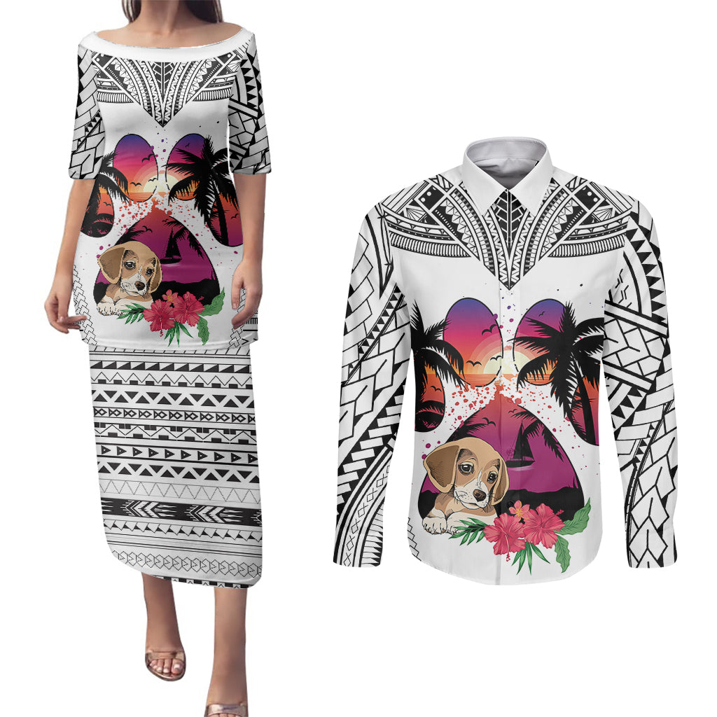 Polynesian Couples Matching Puletasi Dress and Long Sleeve Button Shirts Dog Lover With Beagle - Sunset At The Beach White Ver LT7 White - Polynesian Pride
