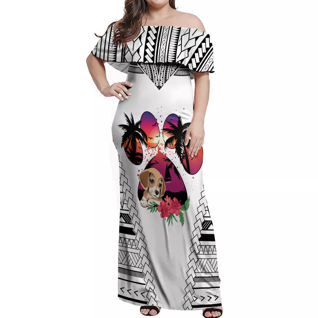 Polynesian Off Shoulder Maxi Dress Dog Lover With Beagle - Sunset At The Beach White Ver LT7 Women White - Polynesian Pride