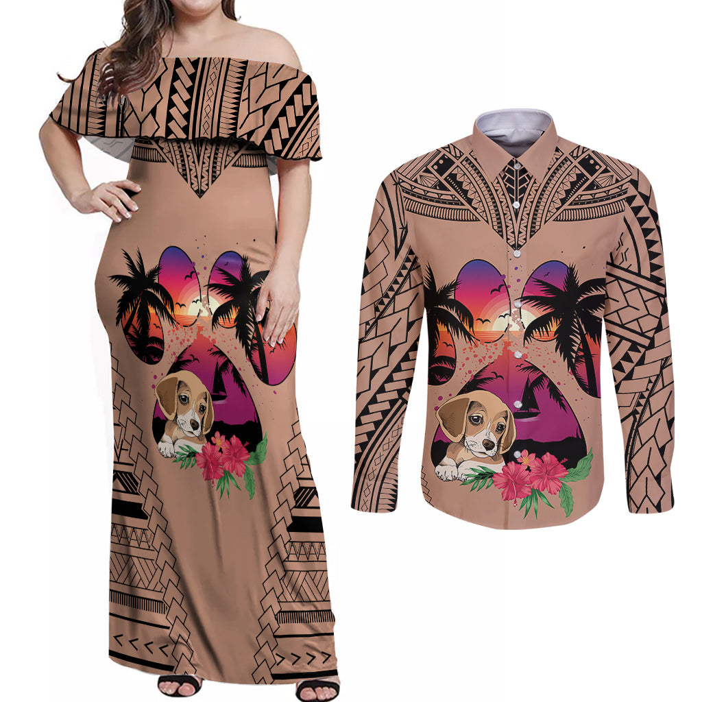 Polynesian Couples Matching Off Shoulder Maxi Dress and Long Sleeve Button Shirts Dog Lover With Beagle - Sunset At The Beach Brown Ver LT7 Brown - Polynesian Pride