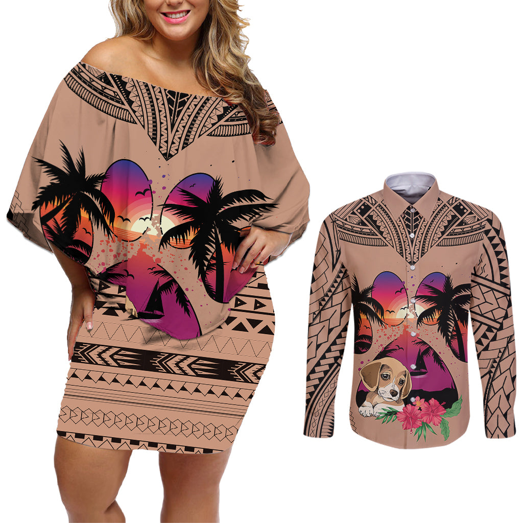 Polynesian Couples Matching Off Shoulder Short Dress and Long Sleeve Button Shirts Dog Lover With Beagle - Sunset At The Beach Brown Ver LT7 Brown - Polynesian Pride