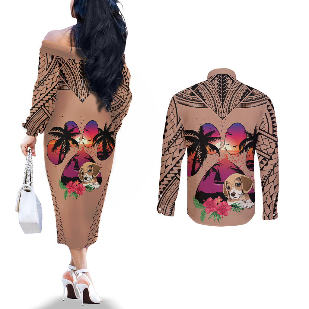 Polynesian Couples Matching Off The Shoulder Long Sleeve Dress and Long Sleeve Button Shirts Dog Lover With Beagle - Sunset At The Beach Brown Ver LT7 - Polynesian Pride