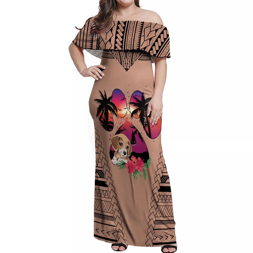 Polynesian Off Shoulder Maxi Dress Dog Lover With Beagle - Sunset At The Beach Brown Ver LT7 Women Brown - Polynesian Pride