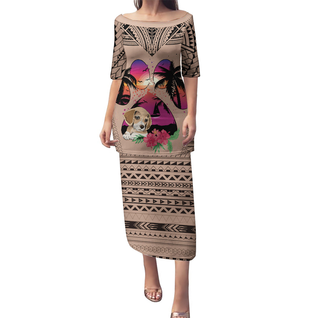 Polynesian Puletasi Dog Lover With Beagle - Sunset At The Beach Brown Ver LT7 Long Dress Brown - Polynesian Pride