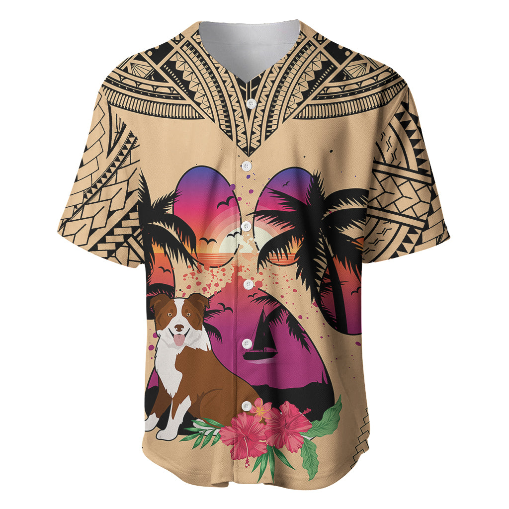 Polynesian Baseball Jersey Dog Lover With Border Collie - Sunset At The Beach LT7 Coral - Polynesian Pride