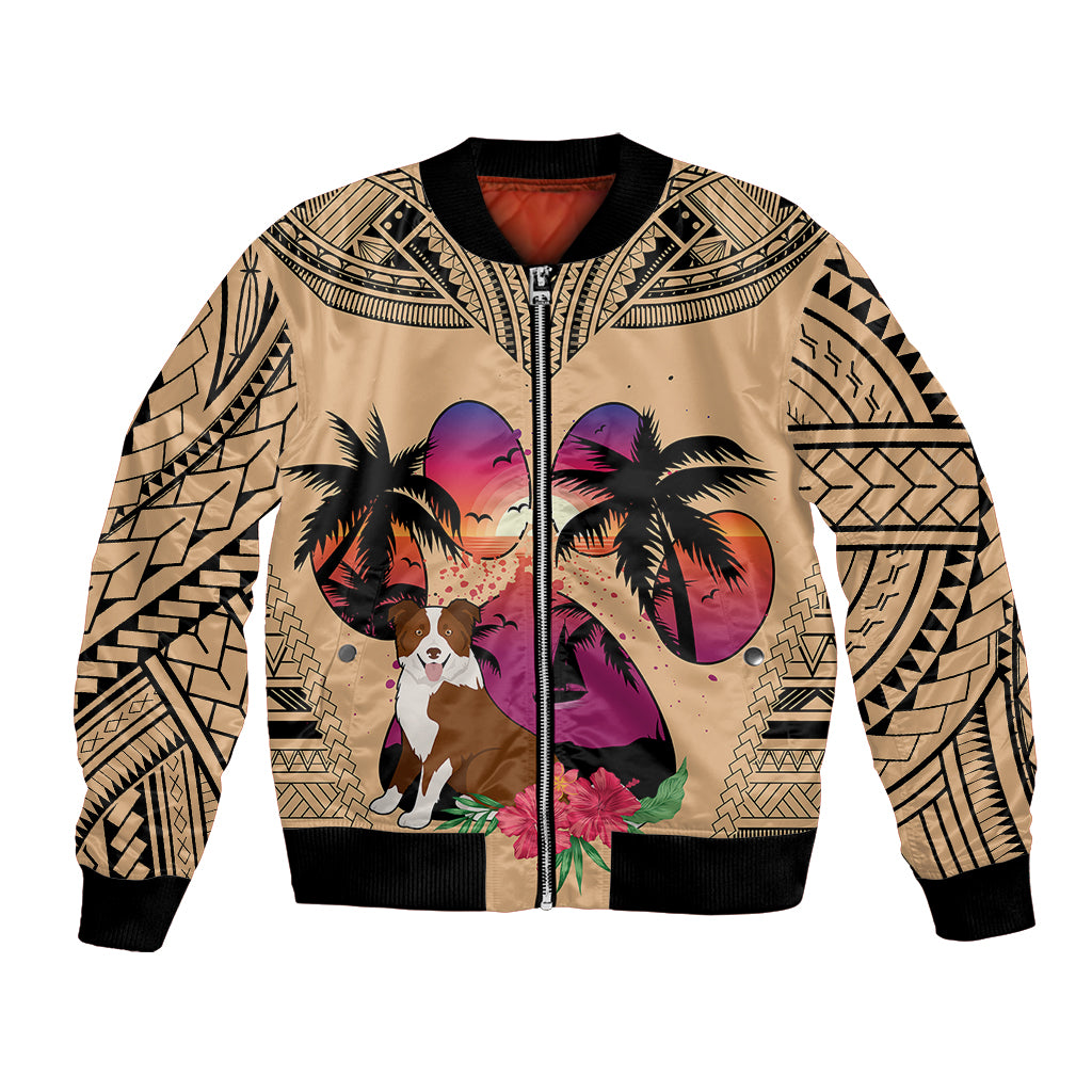 Polynesian Bomber Jacket Dog Lover With Border Collie - Sunset At The Beach LT7 Unisex Coral - Polynesian Pride