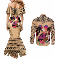 Polynesian Couples Matching Mermaid Dress and Long Sleeve Button Shirts Dog Lover With Border Collie - Sunset At The Beach LT7 - Polynesian Pride