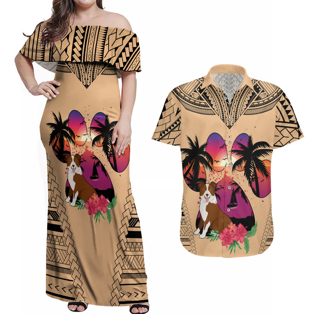 Polynesian Couples Matching Off Shoulder Maxi Dress and Hawaiian Shirt Dog Lover With Border Collie - Sunset At The Beach LT7 Coral - Polynesian Pride