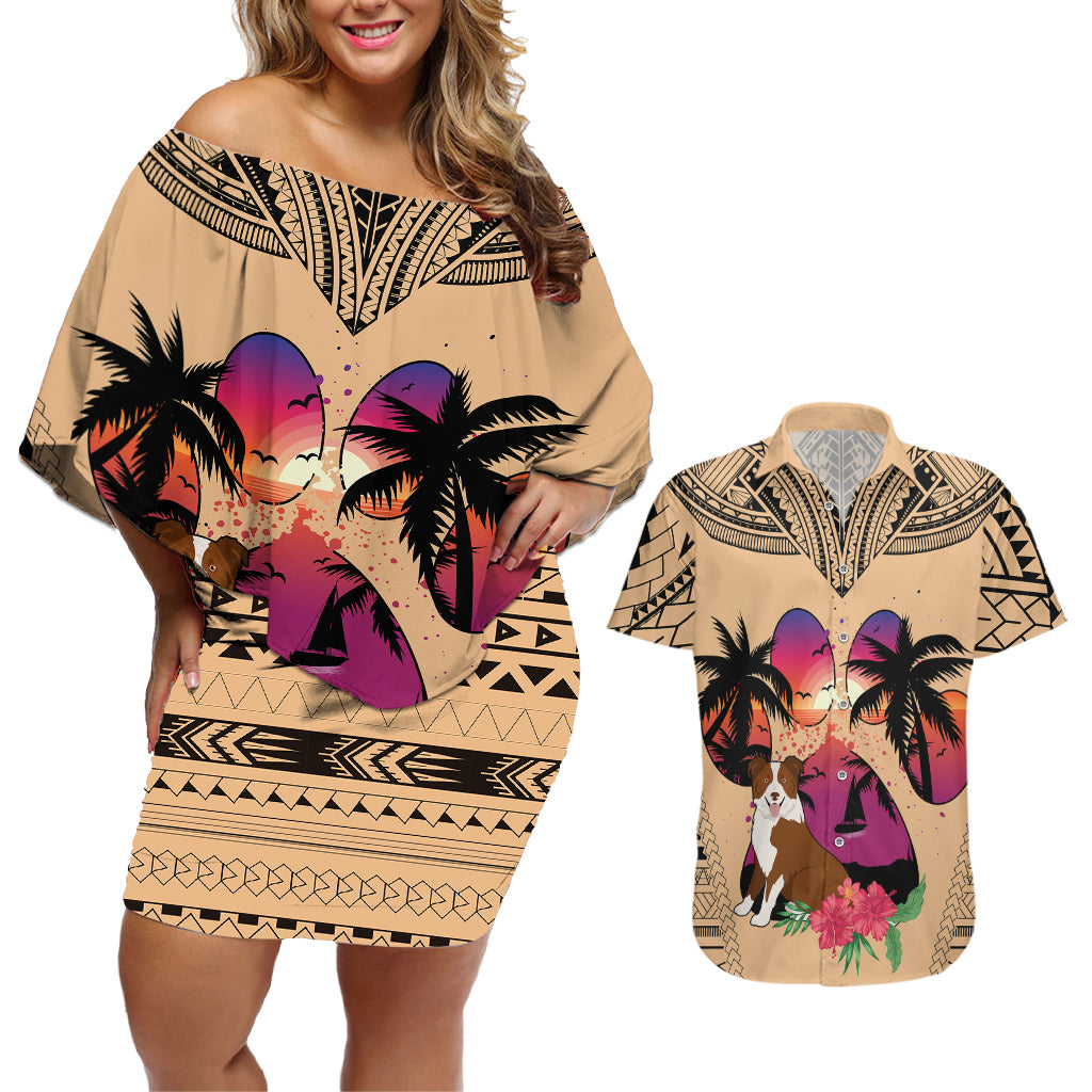 Polynesian Couples Matching Off Shoulder Short Dress and Hawaiian Shirt Dog Lover With Border Collie - Sunset At The Beach LT7 Coral - Polynesian Pride