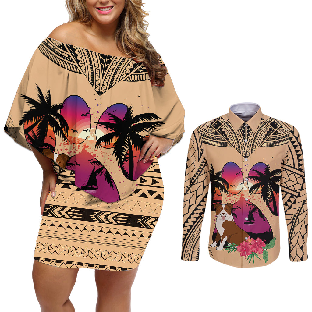 Polynesian Couples Matching Off Shoulder Short Dress and Long Sleeve Button Shirts Dog Lover With Border Collie - Sunset At The Beach LT7 Coral - Polynesian Pride