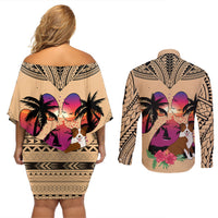 Polynesian Couples Matching Off Shoulder Short Dress and Long Sleeve Button Shirts Dog Lover With Border Collie - Sunset At The Beach LT7 - Polynesian Pride