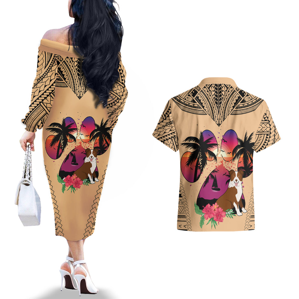 Polynesian Couples Matching Off The Shoulder Long Sleeve Dress and Hawaiian Shirt Dog Lover With Border Collie - Sunset At The Beach LT7 - Polynesian Pride