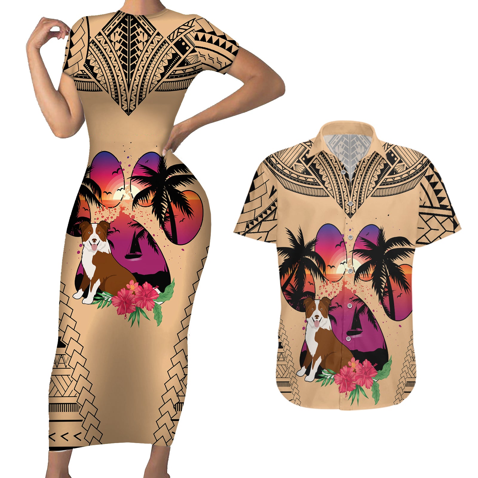 Polynesian Couples Matching Short Sleeve Bodycon Dress and Hawaiian Shirt Dog Lover With Border Collie - Sunset At The Beach LT7 Coral - Polynesian Pride