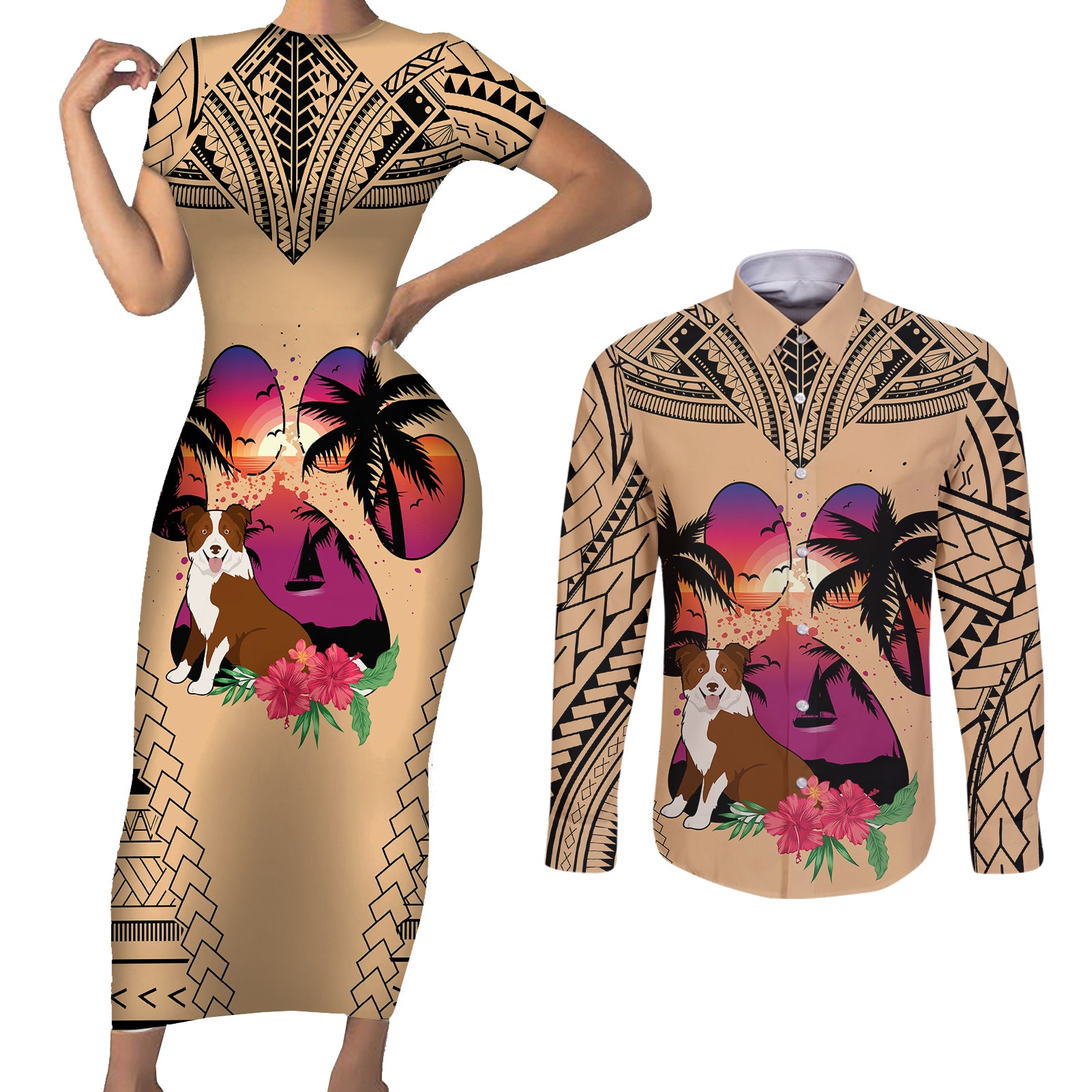 Polynesian Couples Matching Short Sleeve Bodycon Dress and Long Sleeve Button Shirts Dog Lover With Border Collie - Sunset At The Beach LT7 Coral - Polynesian Pride