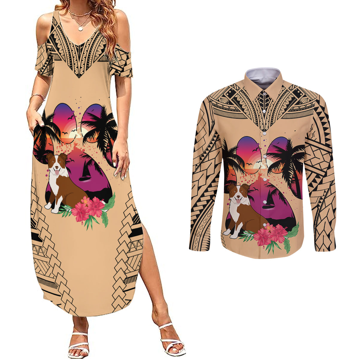 Polynesian Couples Matching Summer Maxi Dress and Long Sleeve Button Shirts Dog Lover With Border Collie - Sunset At The Beach LT7 Coral - Polynesian Pride