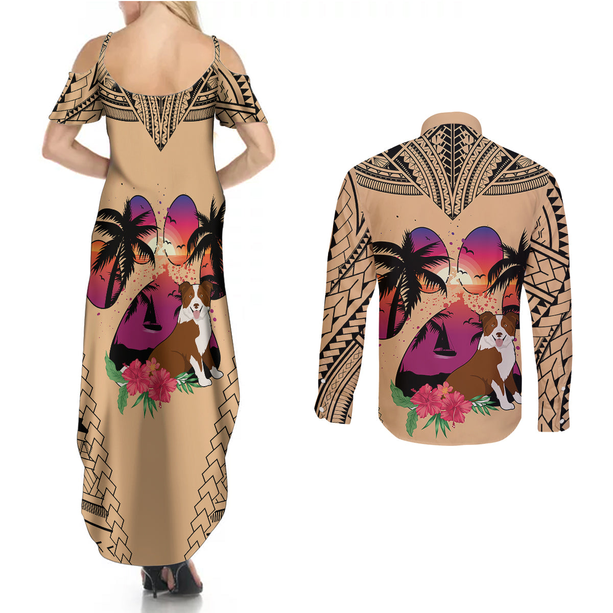 Polynesian Couples Matching Summer Maxi Dress and Long Sleeve Button Shirts Dog Lover With Border Collie - Sunset At The Beach LT7 - Polynesian Pride