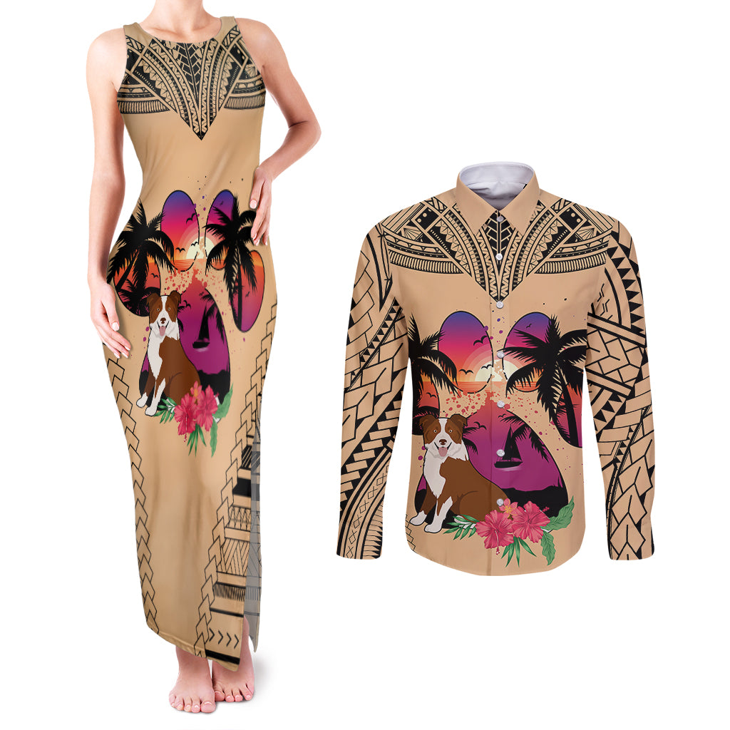 Polynesian Couples Matching Tank Maxi Dress and Long Sleeve Button Shirts Dog Lover With Border Collie - Sunset At The Beach LT7 Coral - Polynesian Pride