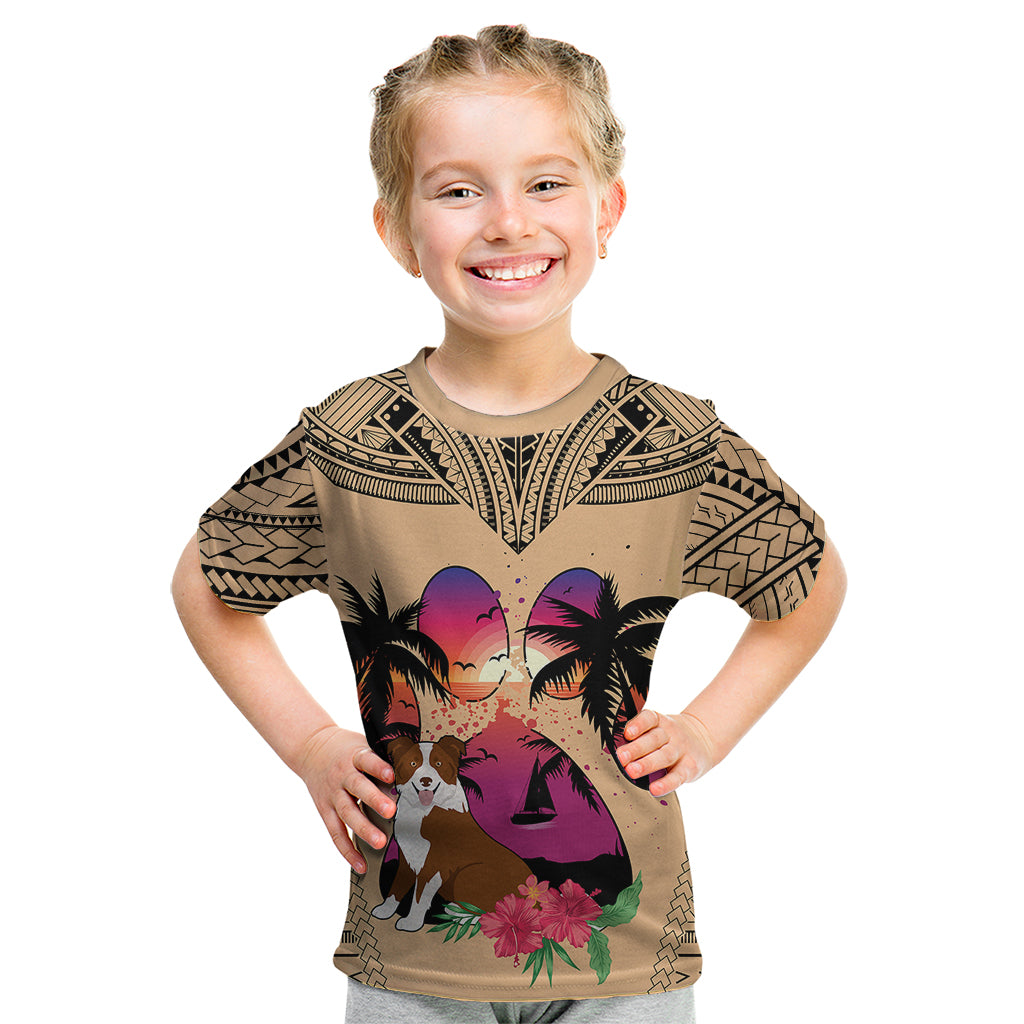 Polynesian Kid T Shirt Dog Lover With Border Collie - Sunset At The Beach LT7 Coral - Polynesian Pride