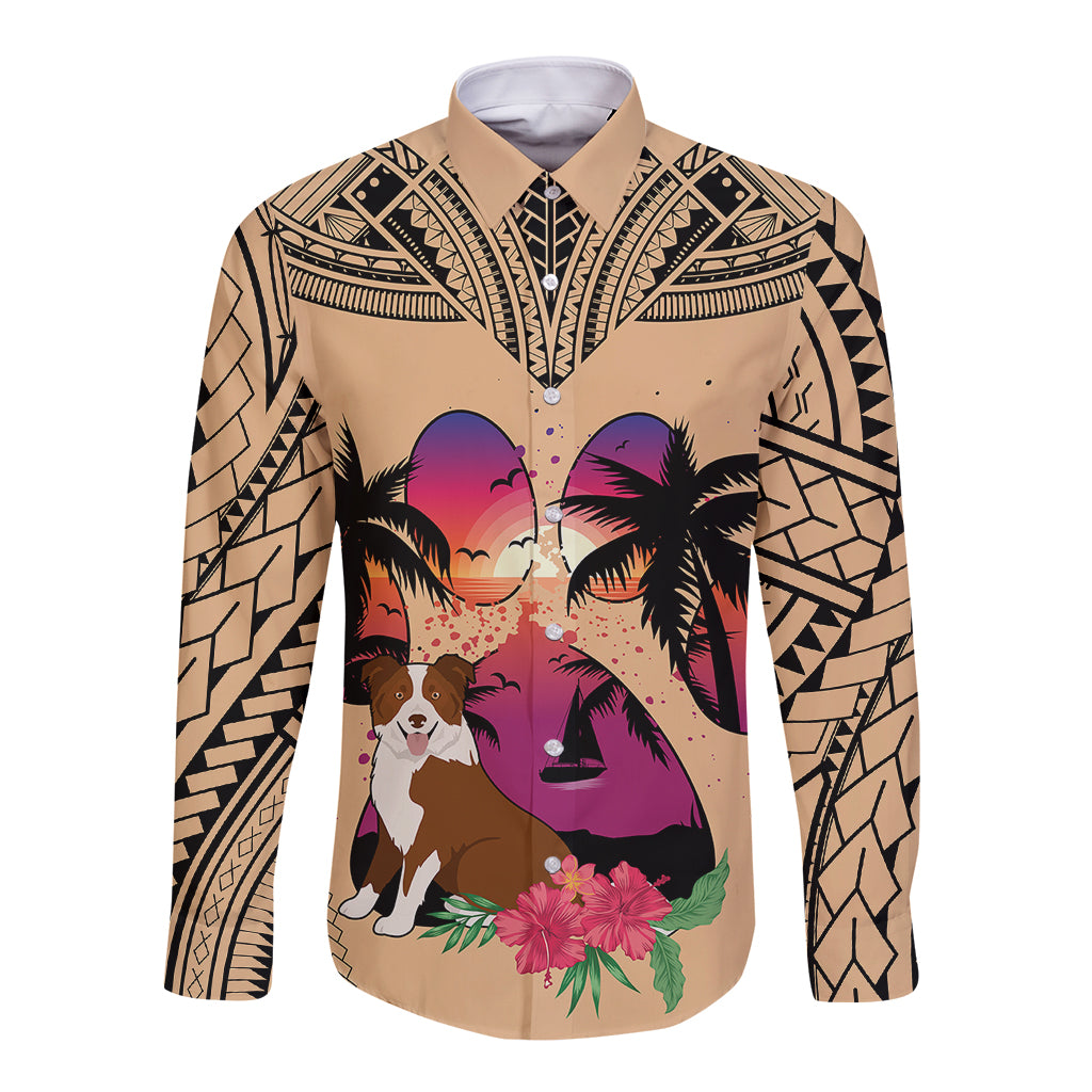 Polynesian Long Sleeve Button Shirt Dog Lover With Border Collie - Sunset At The Beach LT7 Unisex Coral - Polynesian Pride