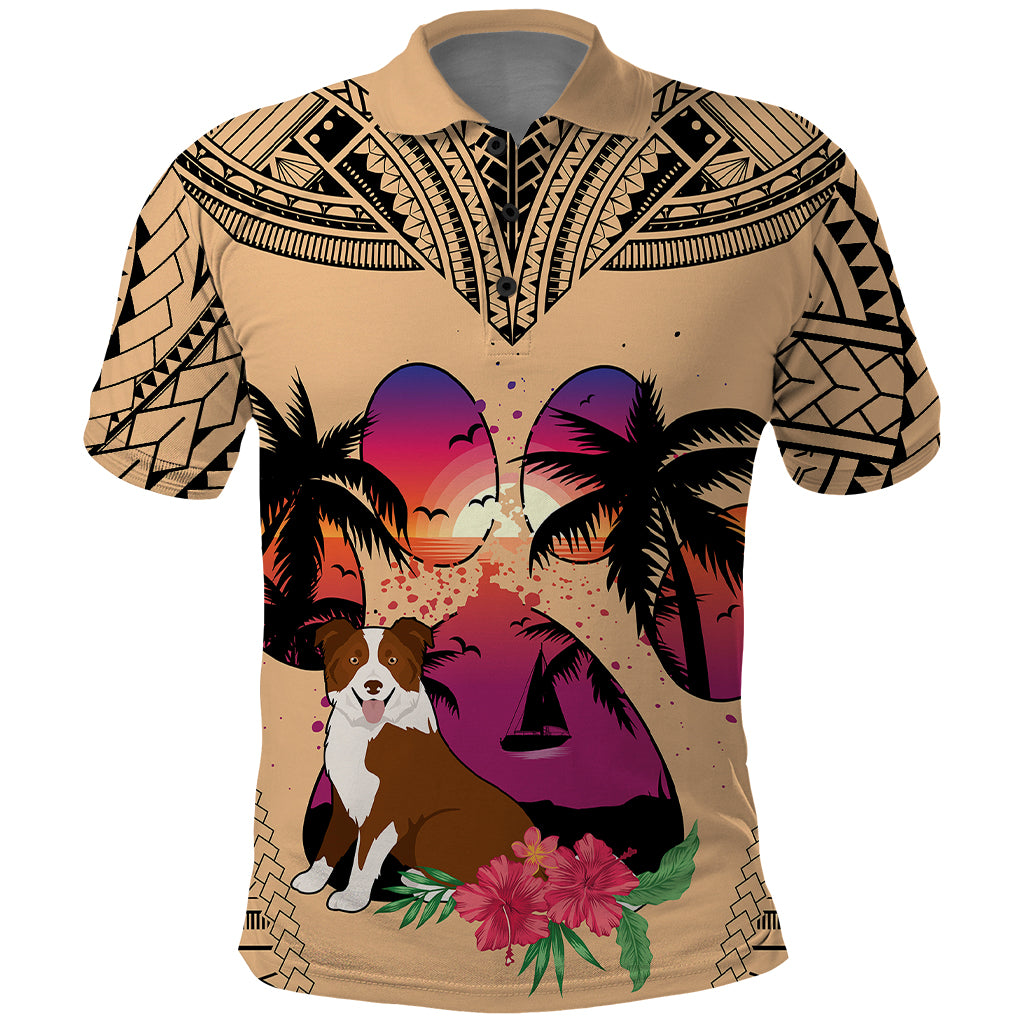 Polynesian Polo Shirt Dog Lover With Border Collie - Sunset At The Beach LT7 Coral - Polynesian Pride