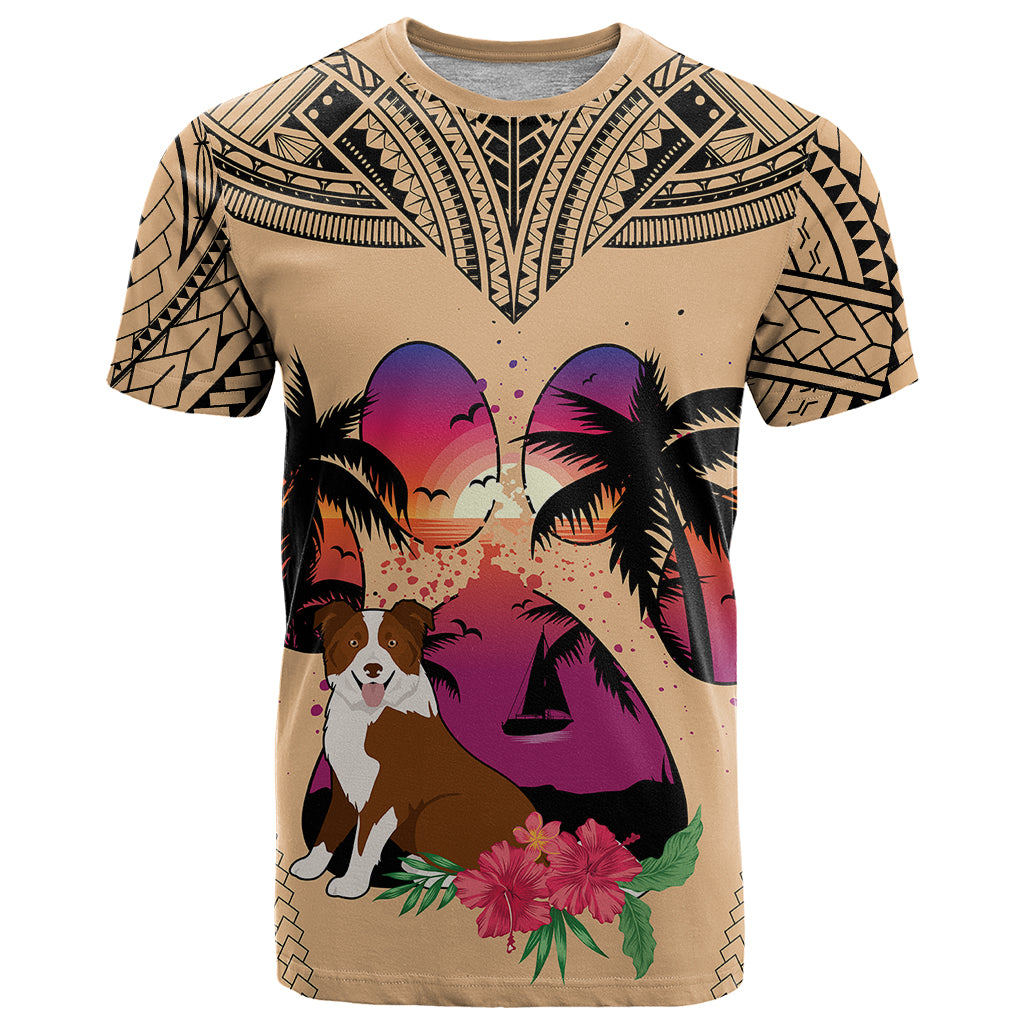 Polynesian T Shirt Dog Lover With Border Collie - Sunset At The Beach LT7 Coral - Polynesian Pride
