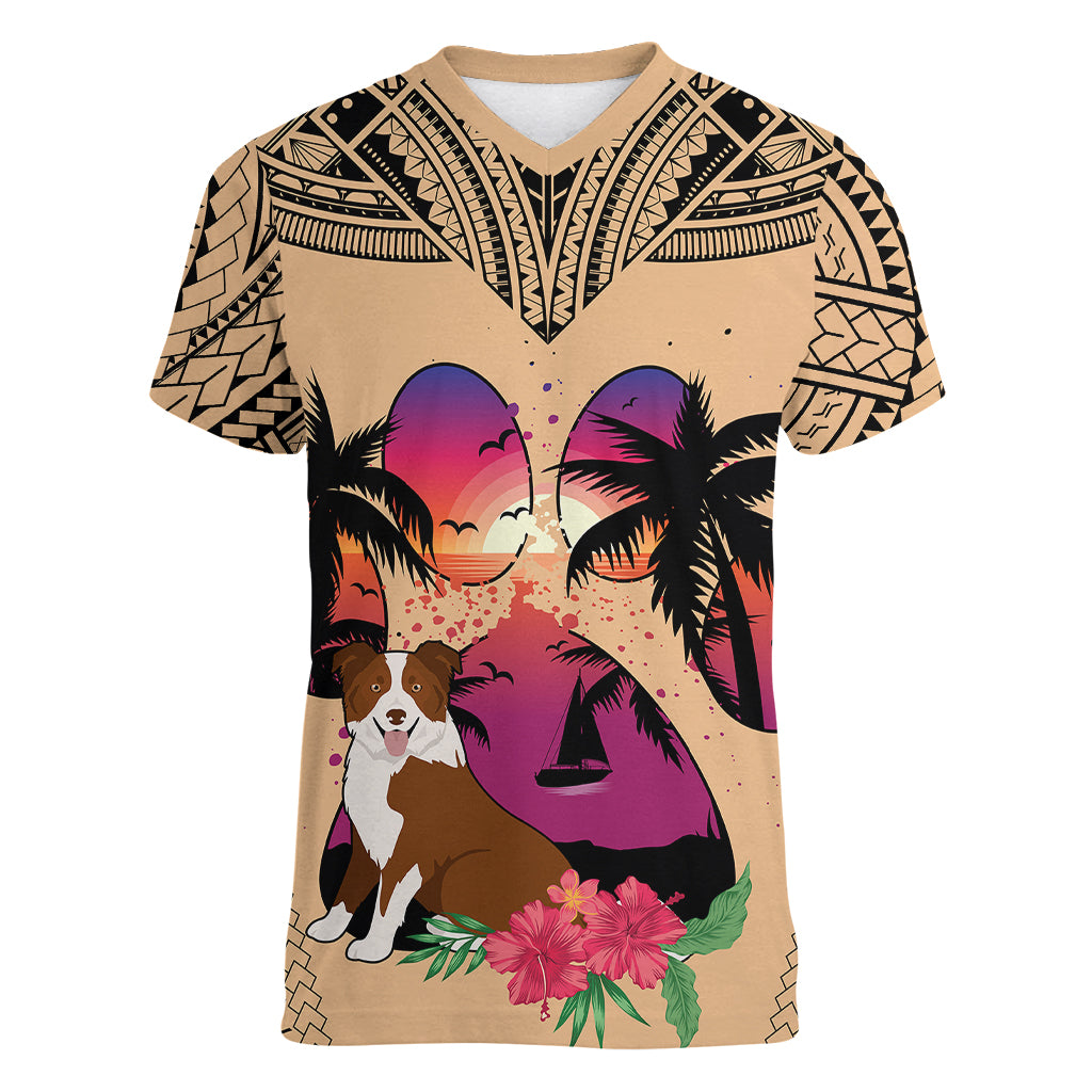 Polynesian Women V Neck T Shirt Dog Lover With Border Collie - Sunset At The Beach LT7 Female Coral - Polynesian Pride