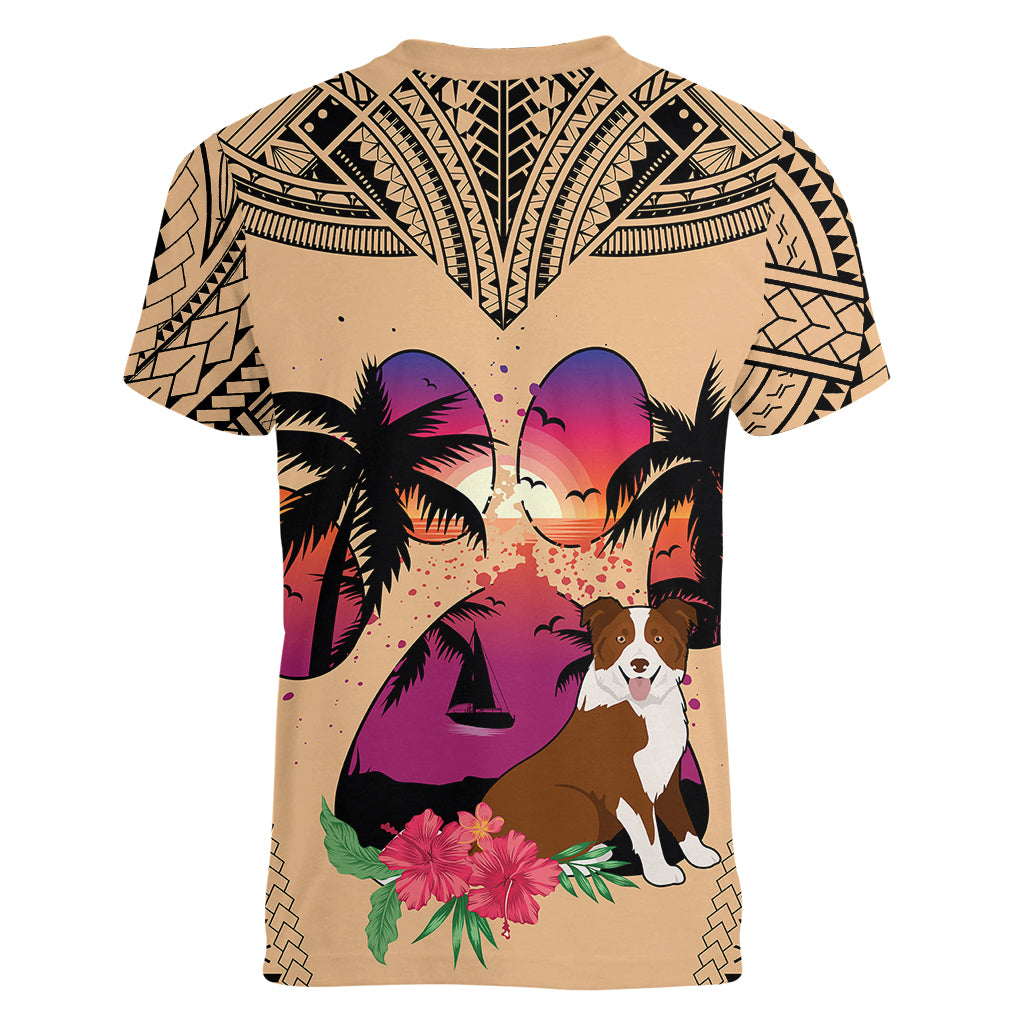 Polynesian Women V Neck T Shirt Dog Lover With Border Collie - Sunset At The Beach LT7 - Polynesian Pride