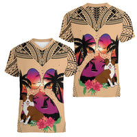Polynesian Women V Neck T Shirt Dog Lover With Border Collie - Sunset At The Beach LT7 - Polynesian Pride
