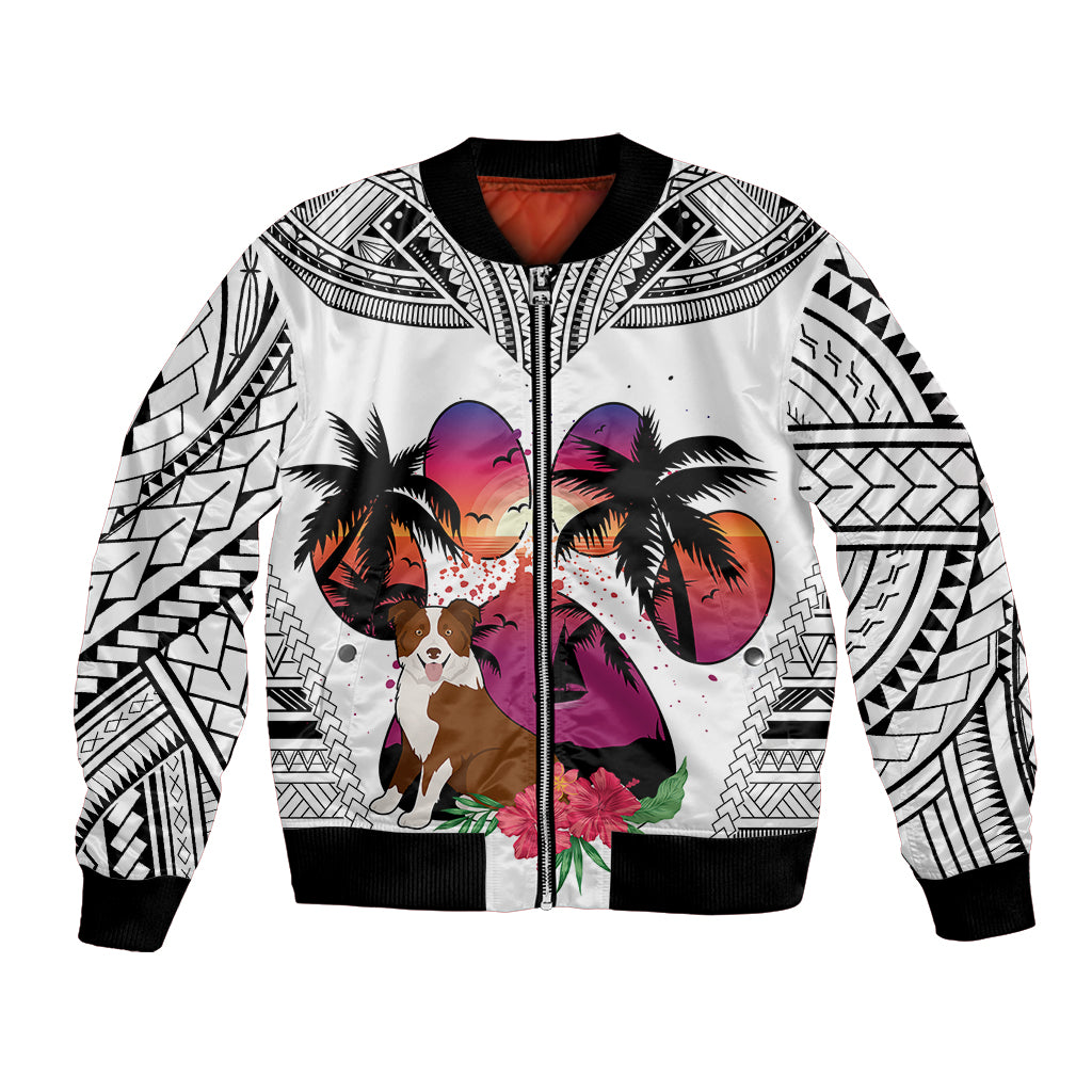 Polynesian Bomber Jacket Dog Lover With Border Collie - Sunset At The Beach White Ver LT7 Unisex White - Polynesian Pride