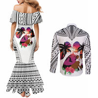 Polynesian Couples Matching Mermaid Dress and Long Sleeve Button Shirts Dog Lover With Border Collie - Sunset At The Beach White Ver LT7 - Polynesian Pride