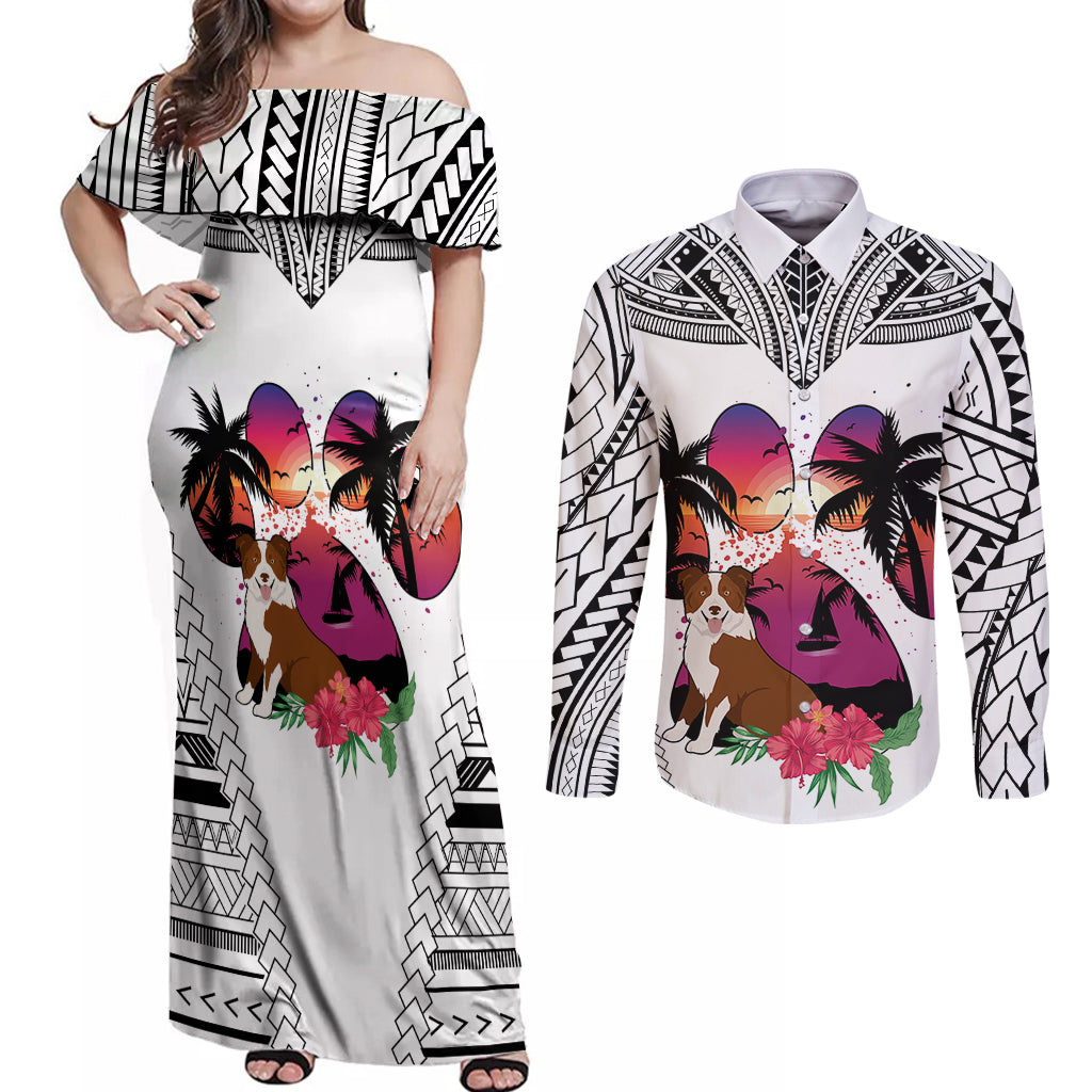 Polynesian Couples Matching Off Shoulder Maxi Dress and Long Sleeve Button Shirts Dog Lover With Border Collie - Sunset At The Beach White Ver LT7 White - Polynesian Pride