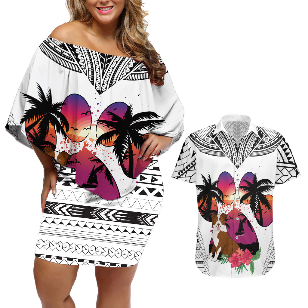 Polynesian Couples Matching Off Shoulder Short Dress and Hawaiian Shirt Dog Lover With Border Collie - Sunset At The Beach White Ver LT7 White - Polynesian Pride