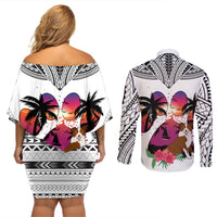 Polynesian Couples Matching Off Shoulder Short Dress and Long Sleeve Button Shirts Dog Lover With Border Collie - Sunset At The Beach White Ver LT7 - Polynesian Pride
