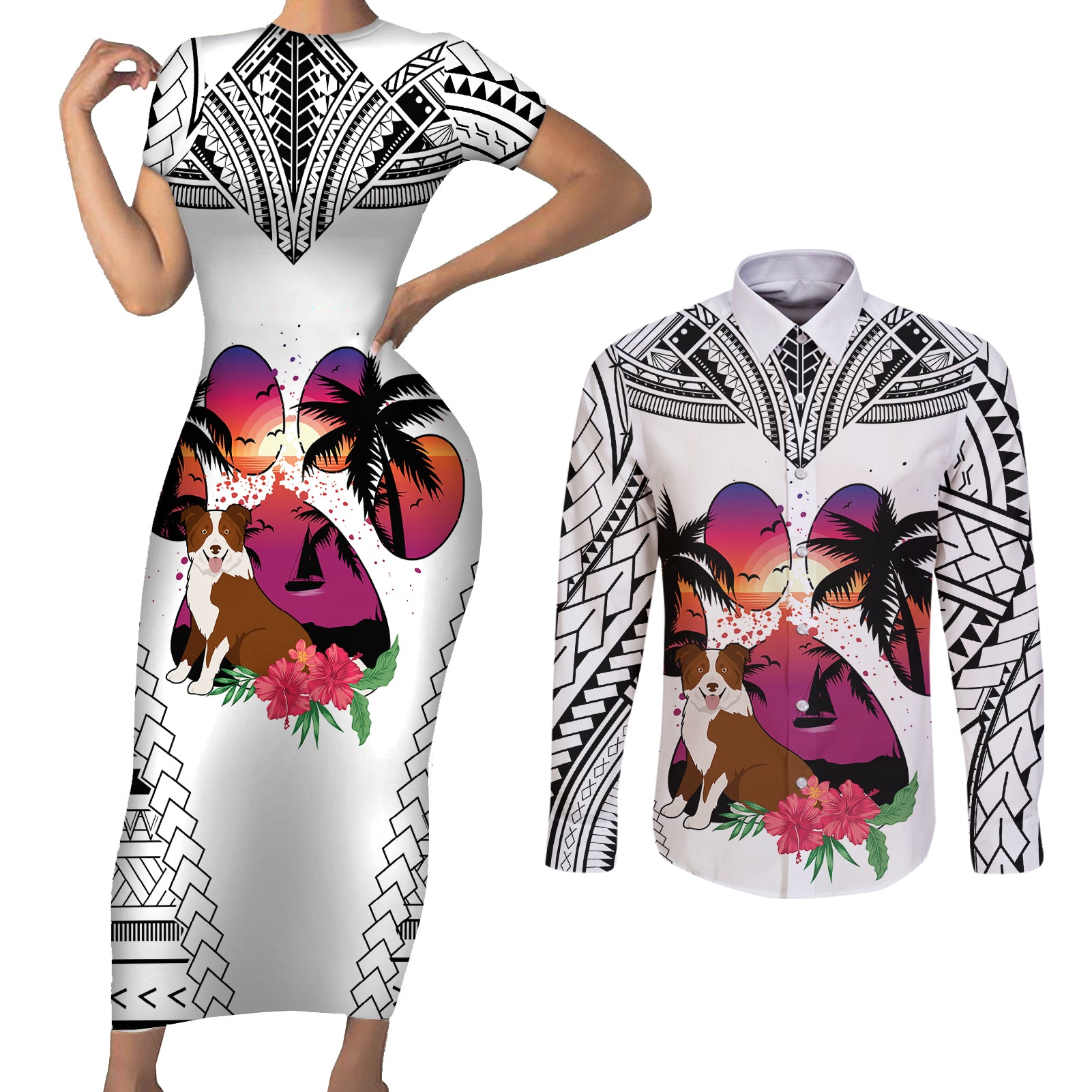 Polynesian Couples Matching Short Sleeve Bodycon Dress and Long Sleeve Button Shirts Dog Lover With Border Collie - Sunset At The Beach White Ver LT7 White - Polynesian Pride