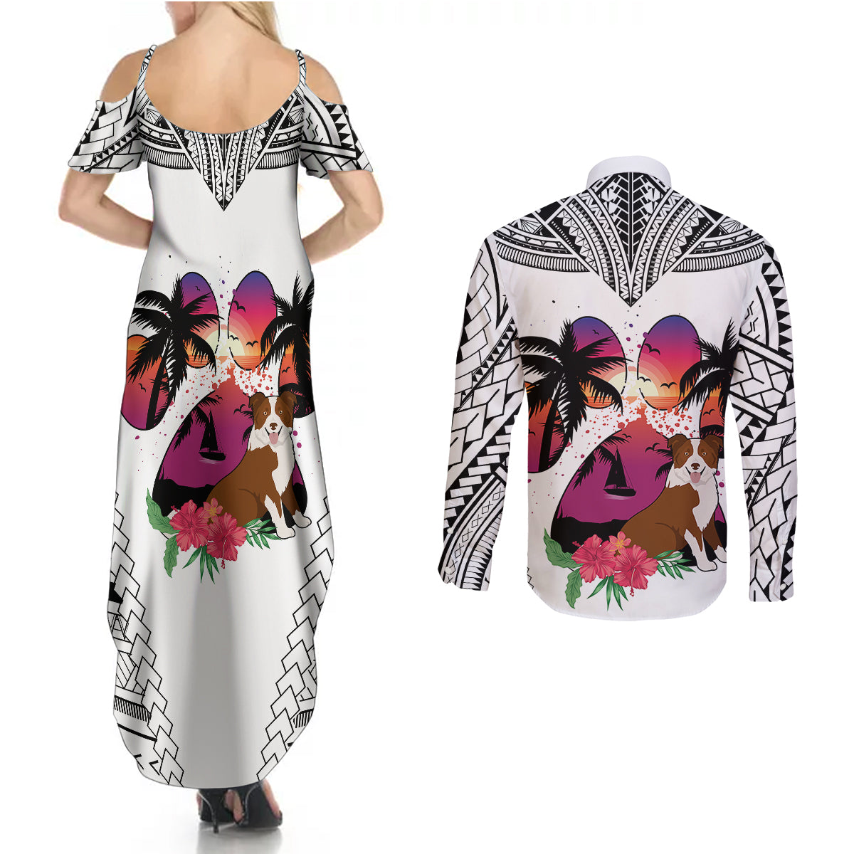 Polynesian Couples Matching Summer Maxi Dress and Long Sleeve Button Shirts Dog Lover With Border Collie - Sunset At The Beach White Ver LT7 - Polynesian Pride