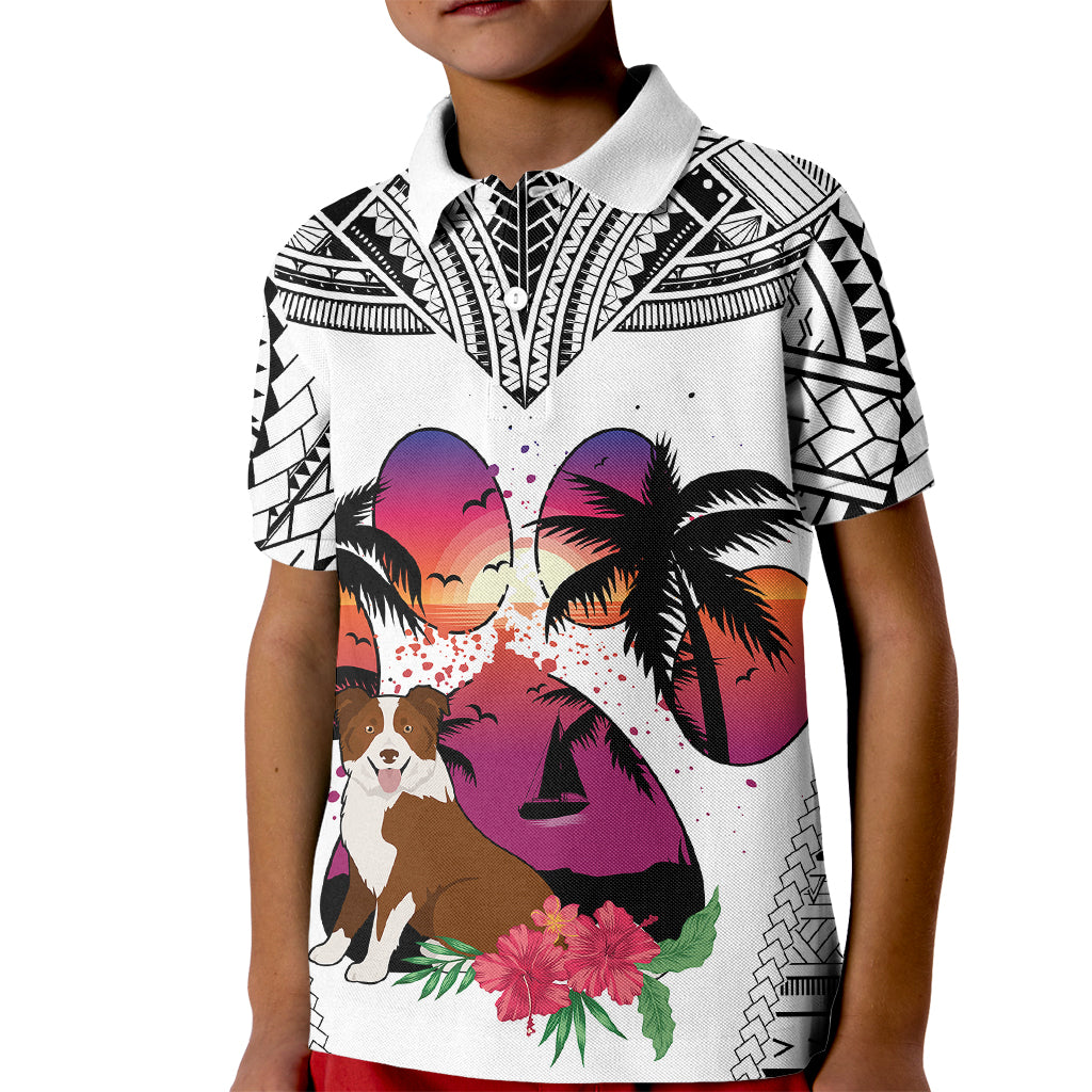 Polynesian Kid Polo Shirt Dog Lover With Border Collie - Sunset At The Beach White Ver LT7 Kid White - Polynesian Pride