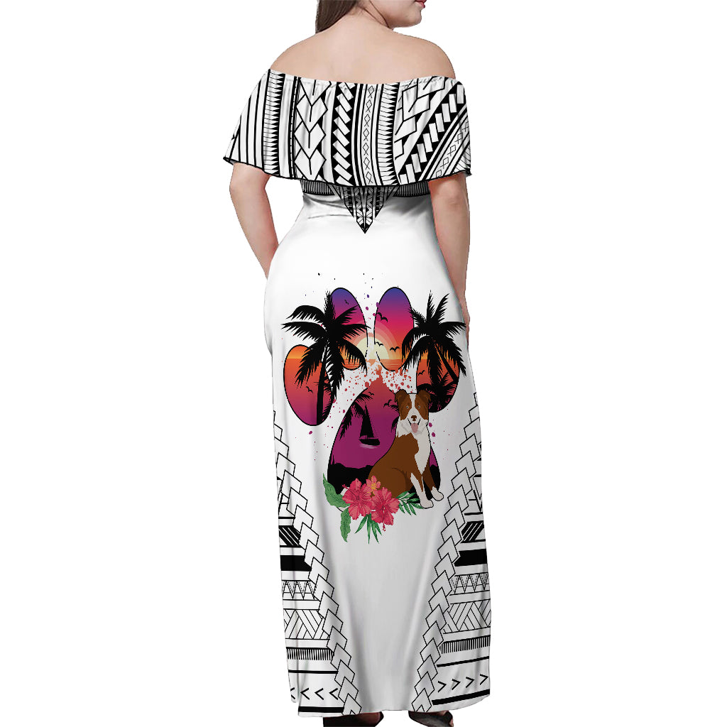 Polynesian Off Shoulder Maxi Dress Dog Lover With Border Collie - Sunset At The Beach White Ver LT7 - Polynesian Pride