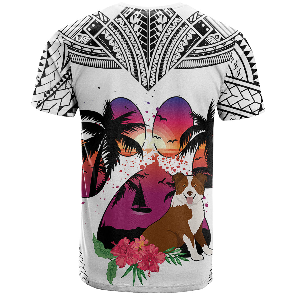 Polynesian T Shirt Dog Lover With Border Collie - Sunset At The Beach White Ver LT7 - Polynesian Pride
