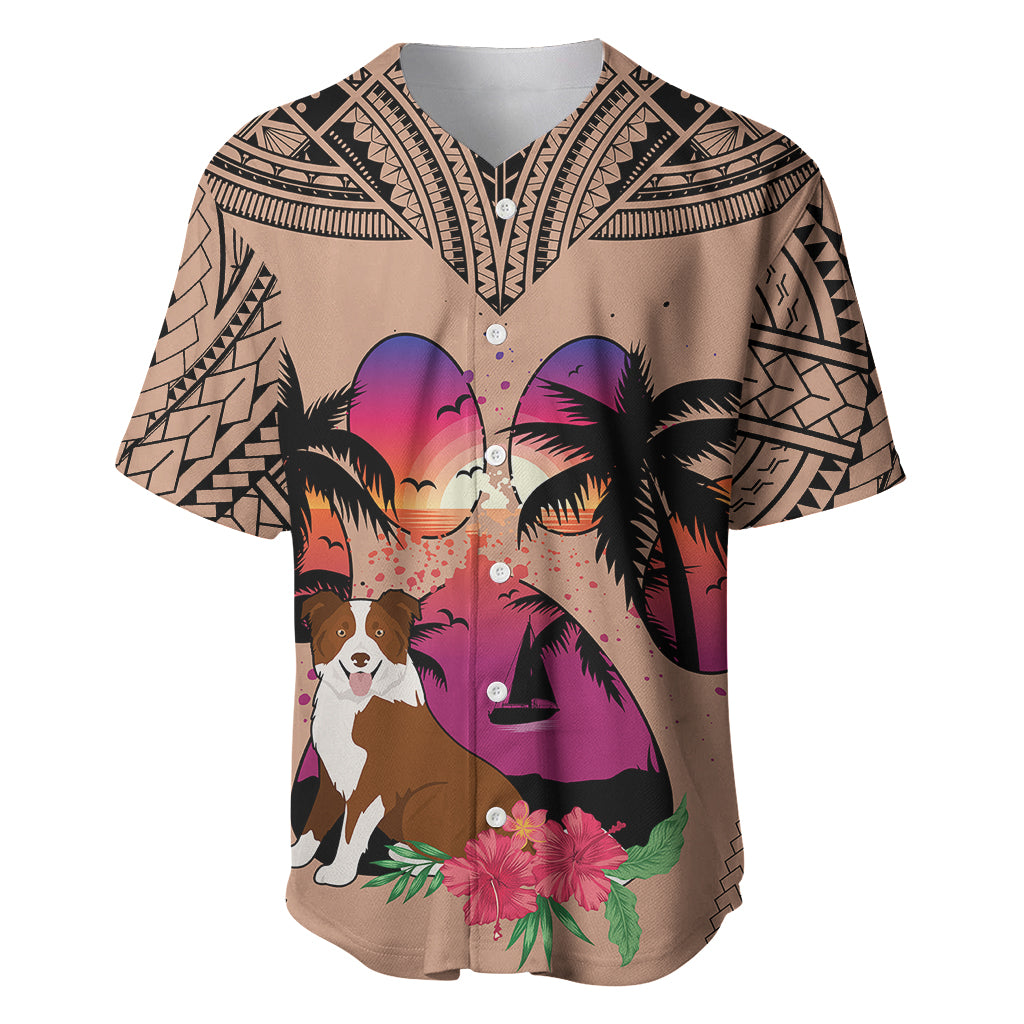 Polynesian Baseball Jersey Dog Lover With Border Collie - Sunset At The Beach Brown Ver LT7 Brown - Polynesian Pride