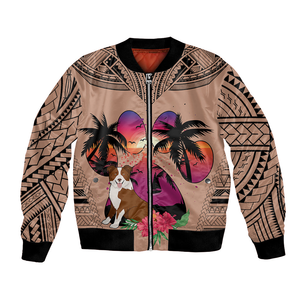 Polynesian Bomber Jacket Dog Lover With Border Collie - Sunset At The Beach Brown Ver LT7 Unisex Brown - Polynesian Pride