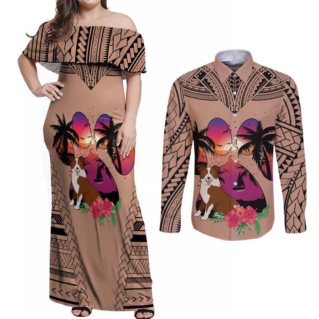 Polynesian Couples Matching Off Shoulder Maxi Dress and Long Sleeve Button Shirts Dog Lover With Border Collie - Sunset At The Beach Brown Ver LT7 Brown - Polynesian Pride