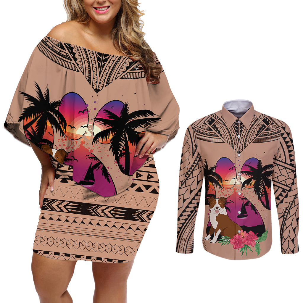 Polynesian Couples Matching Off Shoulder Short Dress and Long Sleeve Button Shirts Dog Lover With Border Collie - Sunset At The Beach Brown Ver LT7 Brown - Polynesian Pride