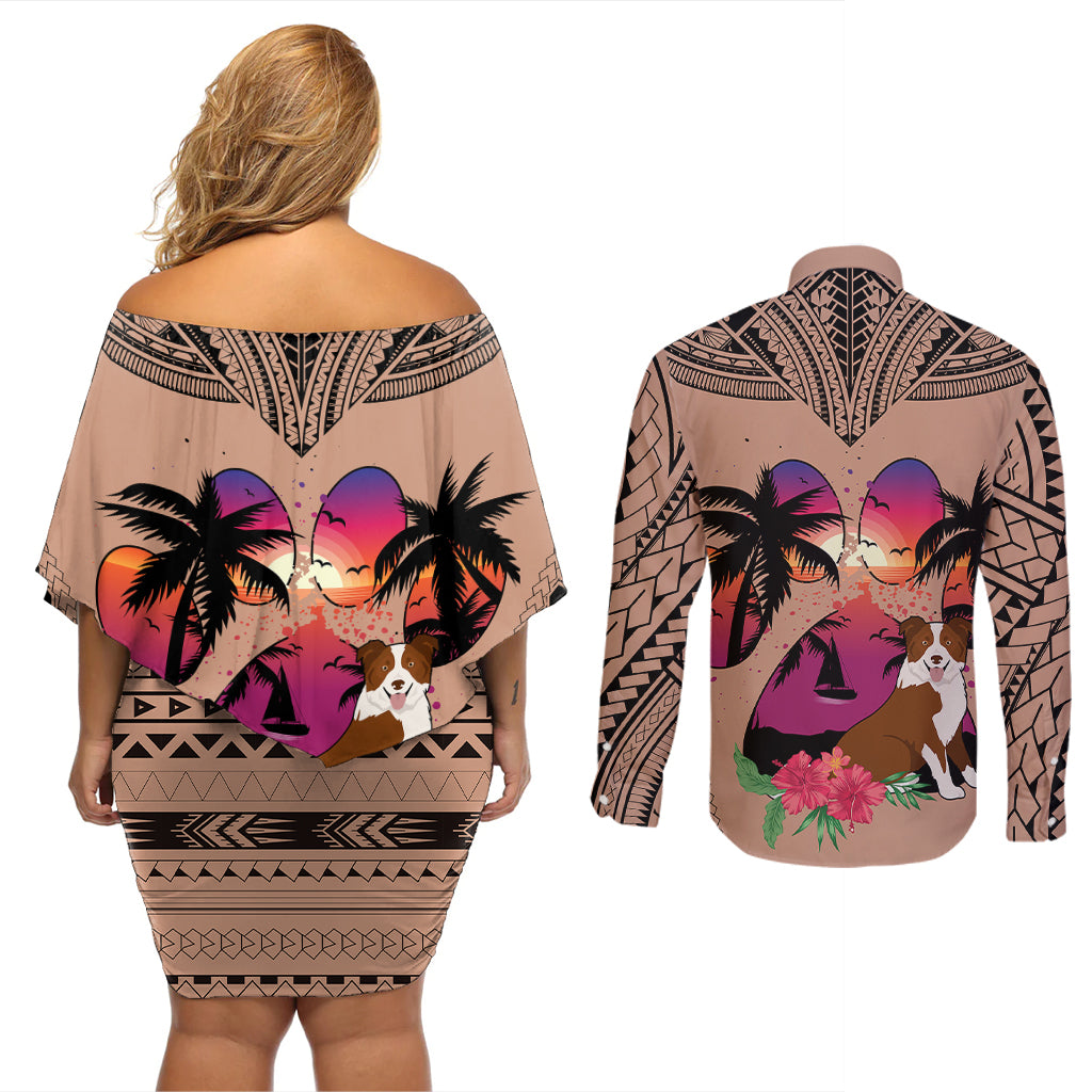 Polynesian Couples Matching Off Shoulder Short Dress and Long Sleeve Button Shirts Dog Lover With Border Collie - Sunset At The Beach Brown Ver LT7 - Polynesian Pride