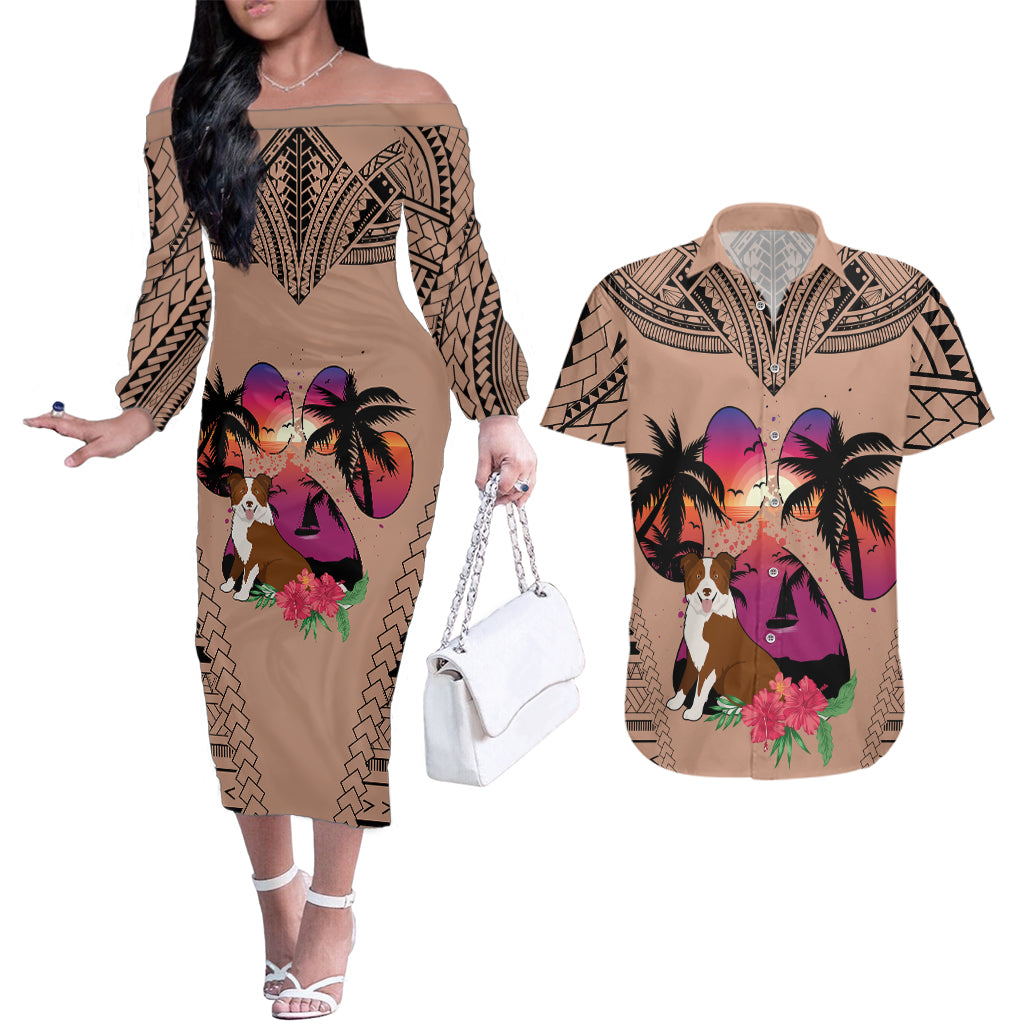 Polynesian Couples Matching Off The Shoulder Long Sleeve Dress and Hawaiian Shirt Dog Lover With Border Collie - Sunset At The Beach Brown Ver LT7 Brown - Polynesian Pride