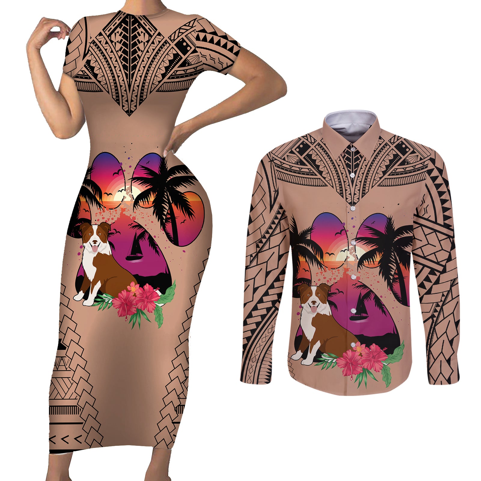 Polynesian Couples Matching Short Sleeve Bodycon Dress and Long Sleeve Button Shirts Dog Lover With Border Collie - Sunset At The Beach Brown Ver LT7 Brown - Polynesian Pride